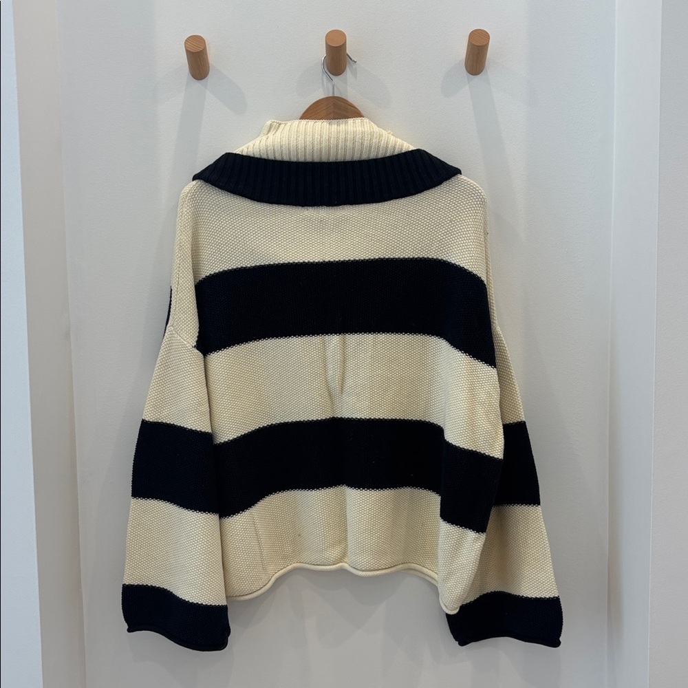 Designer Victor Glemaud Black & Cream Striped Cropped Knit Sweater - Picture 6 of 7